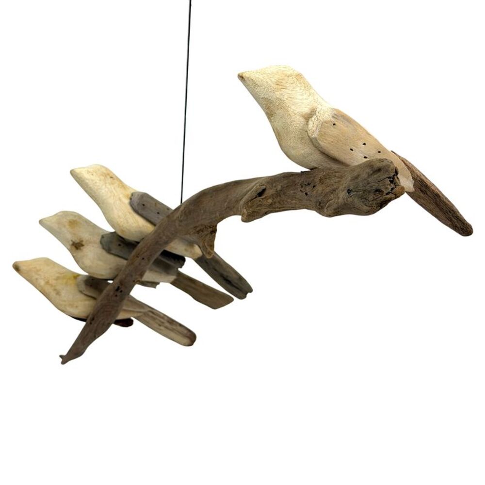 Driftwood Bird Hanging Mobile with Four Wood Birds 24 Inch Natural Decor